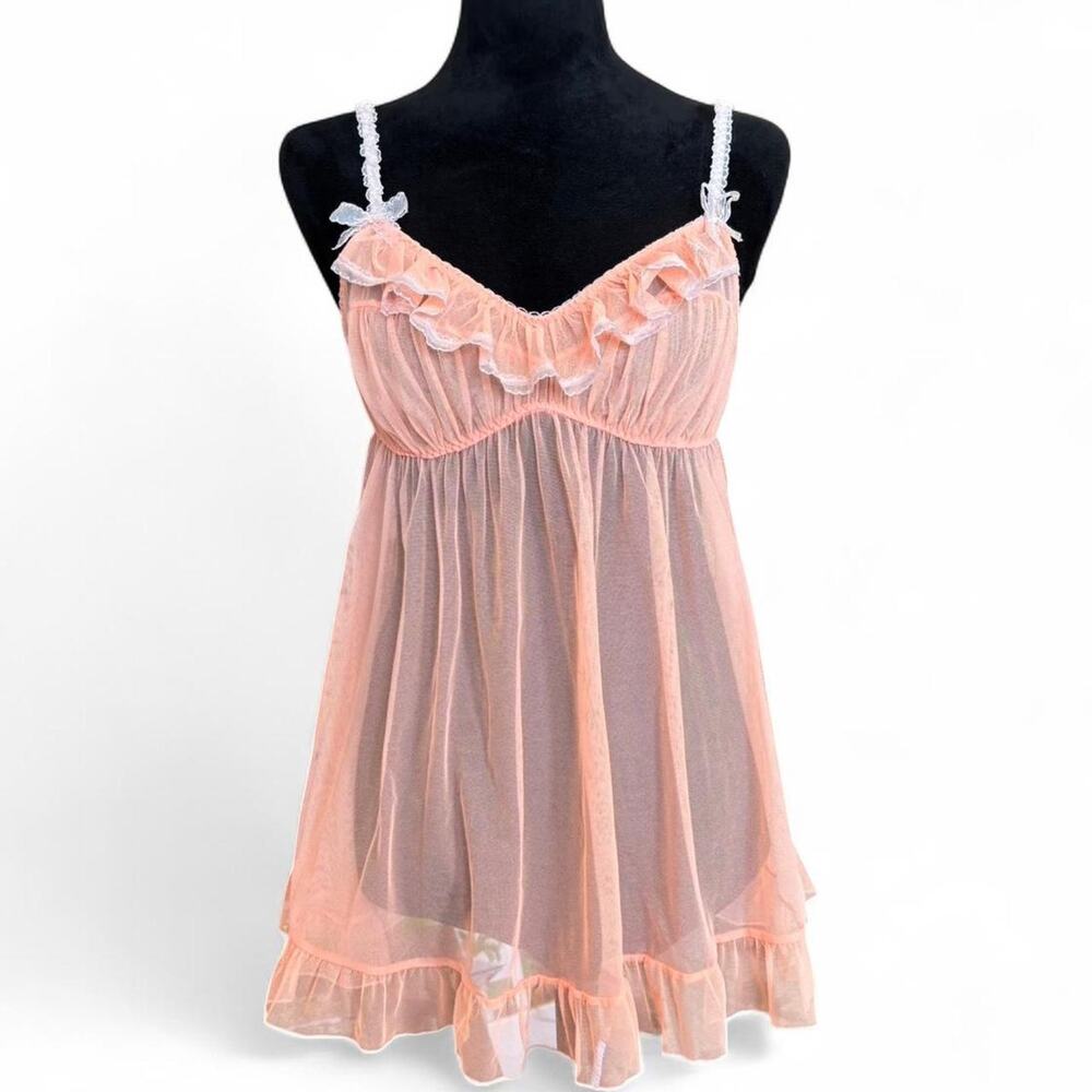Y2K Victoria’s Secret Sheer Peach Mesh Babydoll Cami – Coquette Fairy Top L